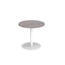 Dams Monza circular dining table with 800mm diameter, grey oak finish, flat round base, modern design, in a contemporary dining room setting
