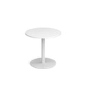 Dams Monza circular white dining table with flat round base, 800mm diameter, modern design, showing the tabletop and base.