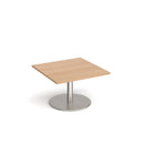 Dams Monza square coffee table with flat round beech wood base, 800mm width, featuring a brushed steel tabletop.
