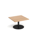 Dams Monza square coffee table with flat round beech wood base, 800mm size, featuring a brushed steel top and modern design.
