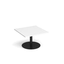White Monza Square Coffee Table with flat round base by Dams, 800mm size, modern minimalist living room furniture.
