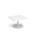 Dams Monza square coffee table with flat round base in white, 800mm height, modern design, smooth surface and sturdy construction.