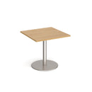 Dams Monza square oak dining table with flat round base, 800mm size, showcasing sleek modern design and natural wood finish.