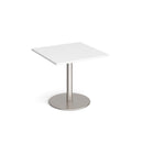 Dams Monza square dining table with flat round white base, 800mm height, featuring a sleek modern design and smooth white finish.