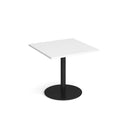 Dams Monza square dining table with flat round base, 800mm height, white finish, modern design, shown from side angle