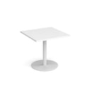 White Monza square dining table by Dams with flat round base, 800mm size, shown with a clean, modern tabletop and sturdy base.