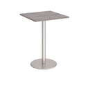 Dams Monza square poseur table with 800mm round flat base in grey oak finish, showcasing modern design and sturdy construction.