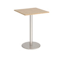 Dams Monza Square Poseur Table with 800mm round flat base in Kendal Oak finish, showcasing its modern design and wood grain texture.