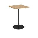 Dams Monza square poseur table with 800mm round oak top and flat round base, ideal for modern lounge or bar areas.