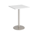 White Monza Square Poseur Table with 800mm flat round base by Dams, showcasing modern design and sturdy construction.