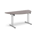 Grey oak semi-circular folding leg table with straight foot rails by Dams, showcasing its smooth surface and sturdy design.