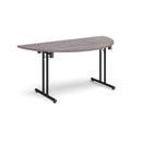 Grey oak semi-circular folding leg table with straight foot rails by Dams, showcasing its sturdy design and smooth surface.