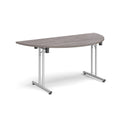 Grey oak semi-circular folding leg table with straight foot rails by Dams, showcasing its collapsible design and sturdy construction.