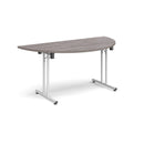 Grey oak semi-circular folding leg table with straight foot rails by Dams, showing the table's curved top and sturdy legs.