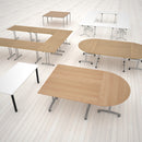 Semi circular folding leg table with straight foot rails in grey oak by Dams, showing multiple configuration options.