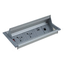 Grey Dams Aero Fliptop in-table power module with UK sockets, RJ45 port, and dual USB fast chargers, mounted in a sleek surface.
