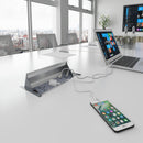 Grey Dams Aero Fliptop In-Table Power Module with 2 UK sockets, RJ45 port, and twin USB fast charge ports in a sleek silver finish.