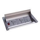 Dams Aero Fliptop in-table power module with 2 UK sockets and 2 RJ45 Ethernet sockets in grey and silver finish.