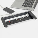 Dams Eclipse in-table rollover power module with 2 UK sockets, TUF connectors, and USB charger in black and silver.