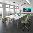 White Fuze rectangular boardroom table with two cut-outs, designed by Dams, shown in a modern office setting.