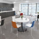 White Monza circular poseur table by Dams with a central circular cut-out, ideal for modern dining or bar spaces.
