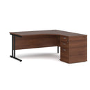Dams Maestro 25 ergonomic desk with walnut-black finish and matching high pedestal, 1600mm length, right-hand configuration.