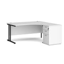 White and black Maestro 25 ergonomic desk with right-hand pedestal, 1600mm, by Dams, featuring ergonomic workspace design