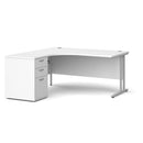 White and silver Dams Maestro 25 ergonomic desk with high pedestal bundle, 1600mm length, left-hand configuration.