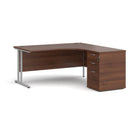 Walnut and silver Maestro 25 ergonomic desk with matching high pedestal bundle, 1600mm length, by Dams, right-hand configuration.