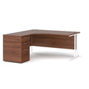 Dams Maestro 25 ergonomic desk and high pedestal bundle in walnut and white, with left-hand configuration, 1600mm length.