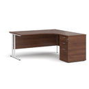 Dams Maestro 25 ergonomic desk and high pedestal bundle in walnut and white, 1600mm, with a right-hand configuration.