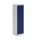 Dams grey steel workwear combi locker with a grey door, one full-width shelf, and three half-width shelves inside.