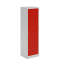 Dams steel workwear combi locker in grey with a grey door, featuring one full-width shelf and three half-width shelves.