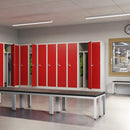 Dams grey steel workwear combi locker with a grey door, one full-width shelf, and three half-width shelves inside.