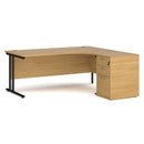 Dams Maestro 25 ergonomic desk and high pedestal bundle in oak and black finish, 1800mm right-hand configuration.