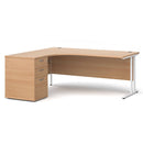 Dams Maestro 25 ergonomic desk with white beech finish and left-hand high pedestal, 1800mm length for office workspace.