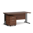 Dams Maestro 25 straight desk with walnut finish and black accents, includes 2-drawer under-desk pedestal for workspace organization.