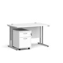 Dams Maestro 25 white and silver straight desk with two-drawer under-desk pedestal bundle, featuring clean modern design.