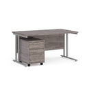 Dams Maestro 25 Grey Oak straight desk with two-drawer under-desk pedestal bundle, featuring sleek modern design and ample workspace.