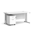 Dams Maestro 25 straight desk with white and silver finish, featuring a 2-drawer under-desk pedestal for organized workspace.