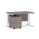 Dams Maestro 25 straight desk with grey oak finish and white 2-drawer under desk pedestal bundle, modern office furniture setup.