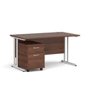 Dams Maestro 25 straight desk with walnut and white finish, includes 2-drawer under-desk pedestal in a modern office setup.