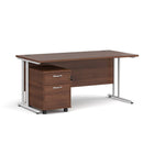 Dams Maestro 25 straight desk with walnut finish and white accents, paired with a 2-drawer under-desk pedestal for office storage.