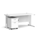 Dams Maestro 25 straight desk with white finish and 2-drawer under-desk pedestal bundle showing spacious workspace and storage.