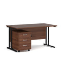 Dams Maestro 25 walnut and black straight desk with 3-drawer under-desk pedestal bundle, featuring sleek workspace and storage.