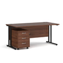 Dams Maestro 25 straight desk with walnut finish and black accents, featuring a three-drawer under-desk pedestal bundle.