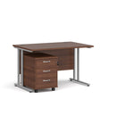 Dams Maestro 25 Walnut and Silver straight desk with 3-drawer under-desk pedestal bundle, showing wood finish and sleek design.