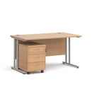 Dams Maestro 25 straight desk with beech finish and silver accents, featuring a three-drawer under-desk pedestal.