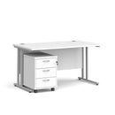 Dams Maestro 25 straight desk with white finish and silver accents, featuring a 3-drawer under-desk pedestal for office organization.