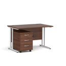 Dams Maestro 25 walnut and white straight desk with matching 3-drawer under-desk pedestal bundle for office workspace.